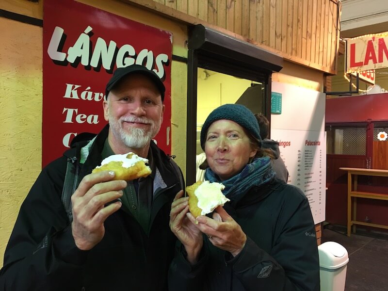 Langos tasting in a local market hall