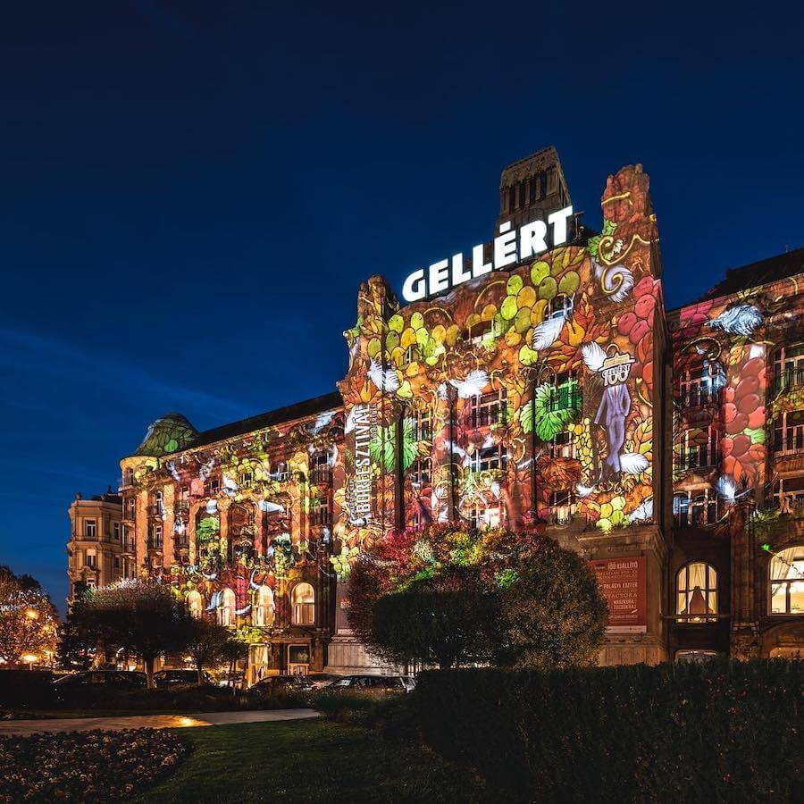 Gellert Hotel with beautiful lights preparing for the Wine Festival